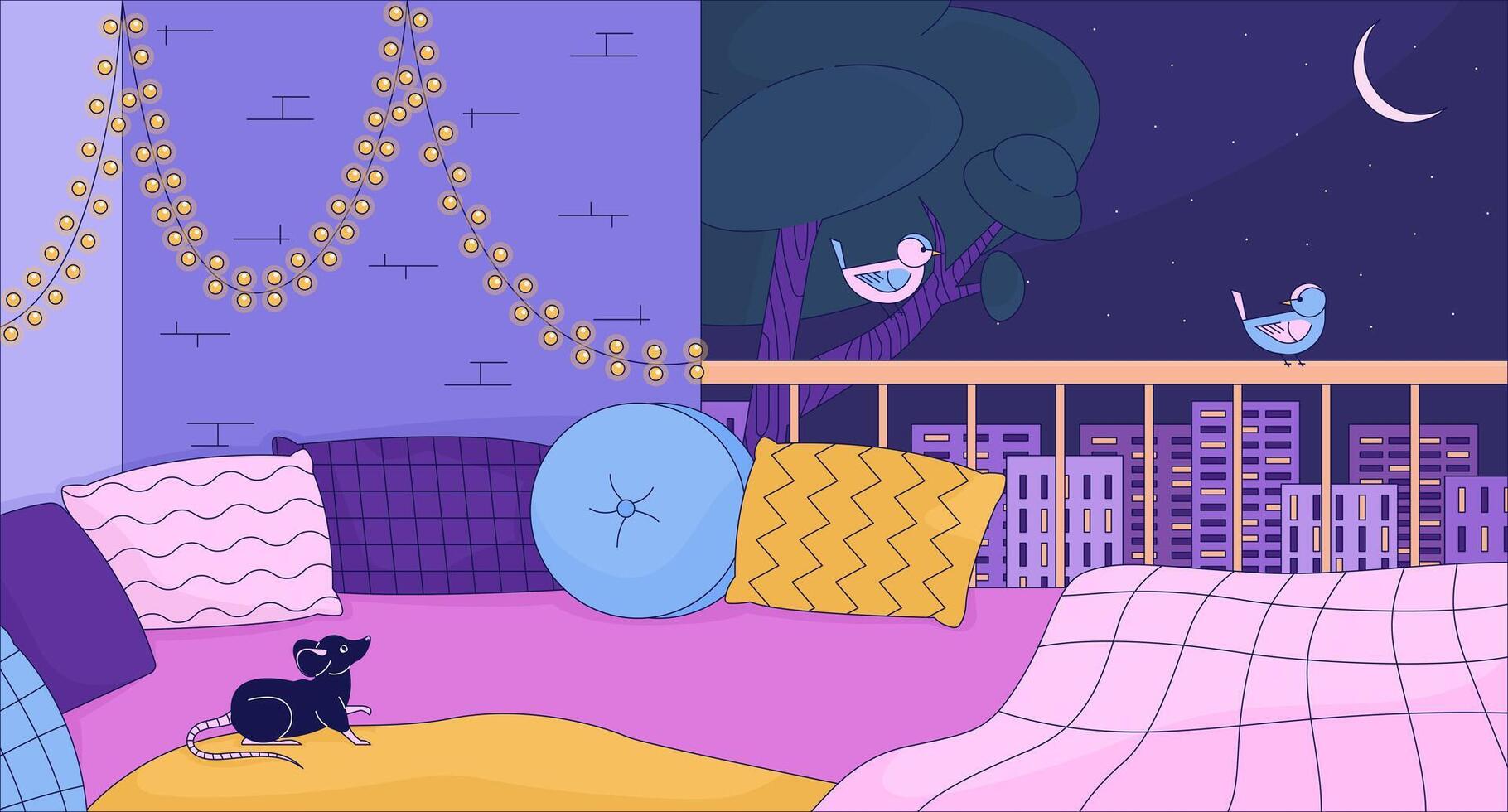 Cozy apartment balcony at night 2D cartoon background. Couch pillows, string of lights. Comfortable colorful aesthetic illustration, nobody. Hygge terrace flat wallpaper art, lofi image vector
