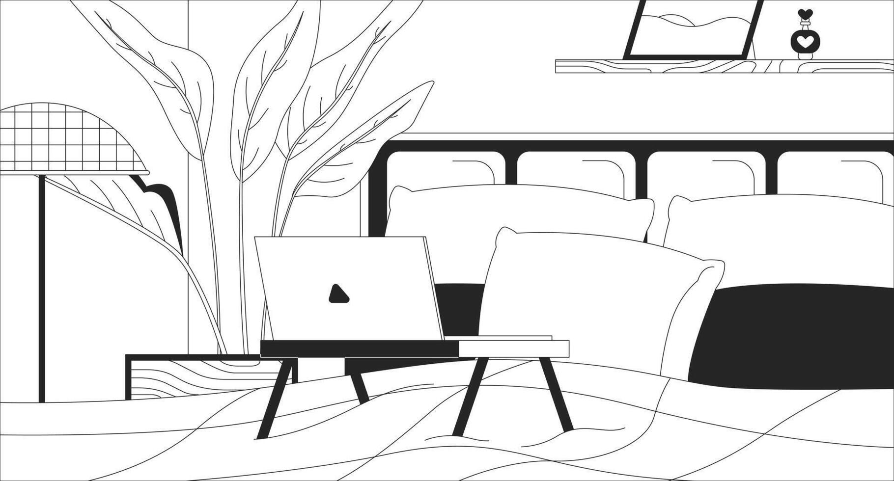 Laptop bed desk in bedroom at night outline 2D cartoon background. Late night browsing linear aesthetic illustration. Sleepless cozy pillows bedding flat wallpaper art, monochromatic lofi image vector