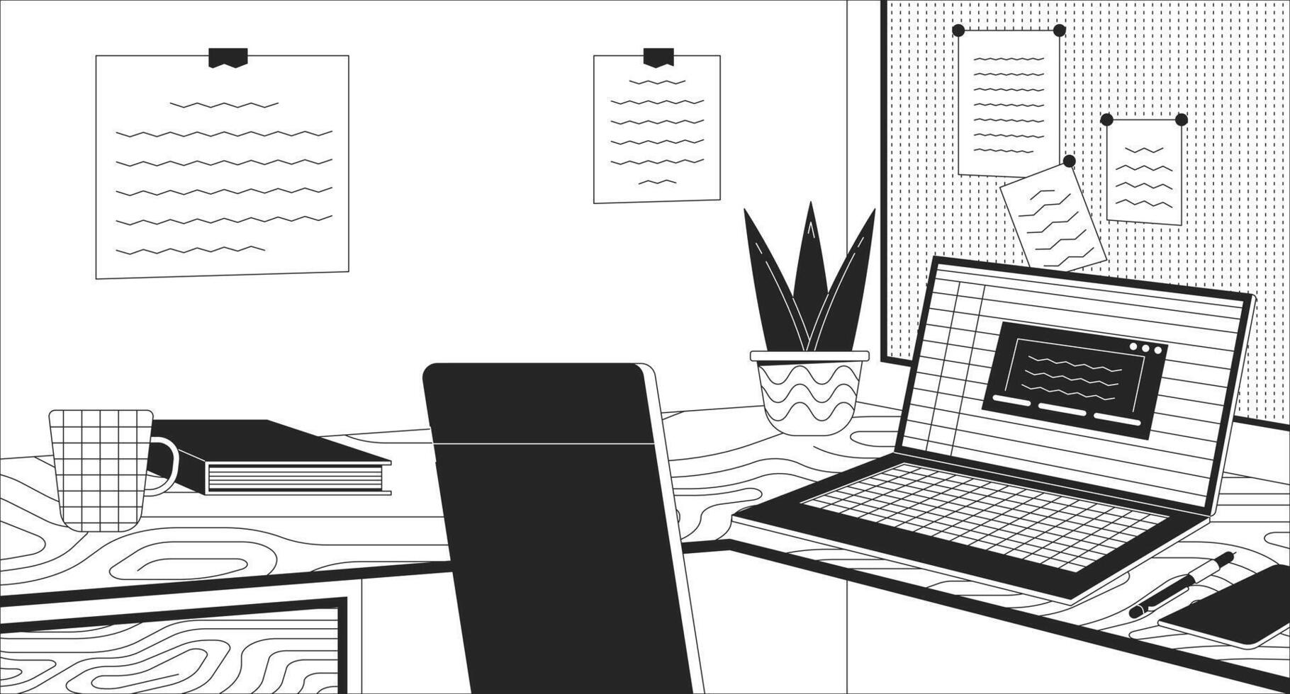 Laptop home office desk outline 2D cartoon background. Workspace late night linear aesthetic illustration. Cubicle job. Workstation sticky notes flat wallpaper art, monochromatic lofi image vector