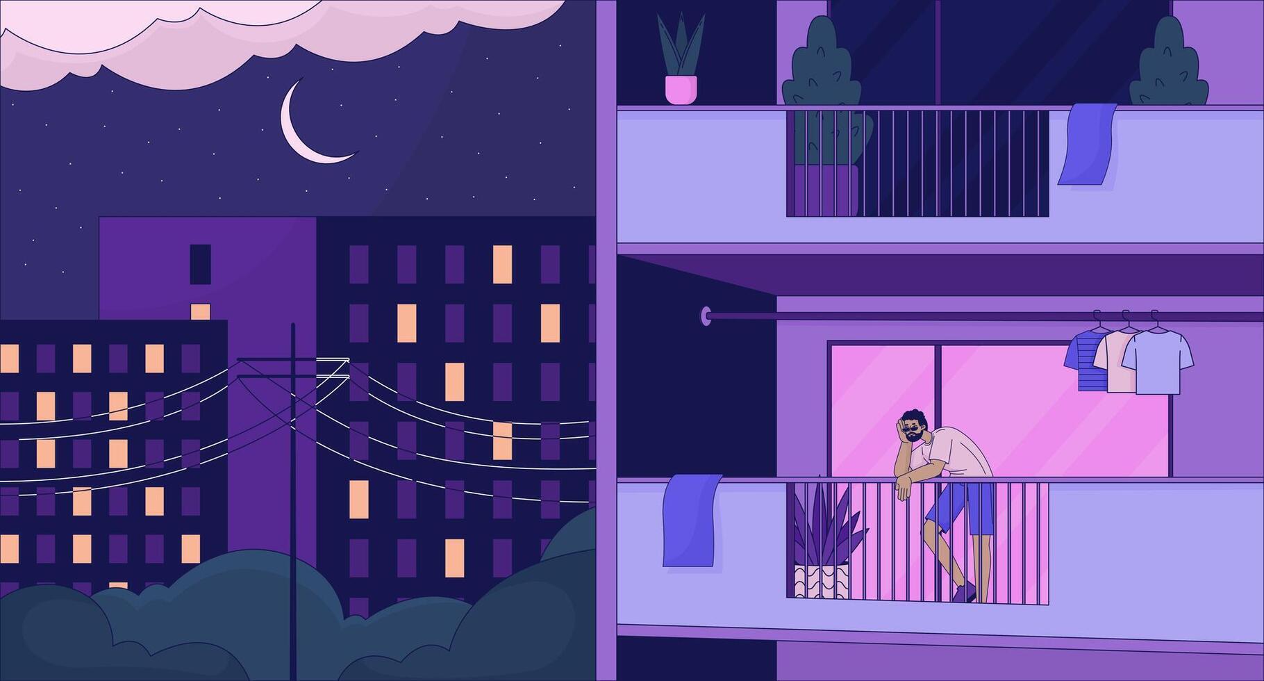 Black man standing on balcony late night lofi wallpaper. Enjoying evening city introvert 2D cartoon flat illustration. Love being at home alone chill art, lo fi aesthetic colorful background vector