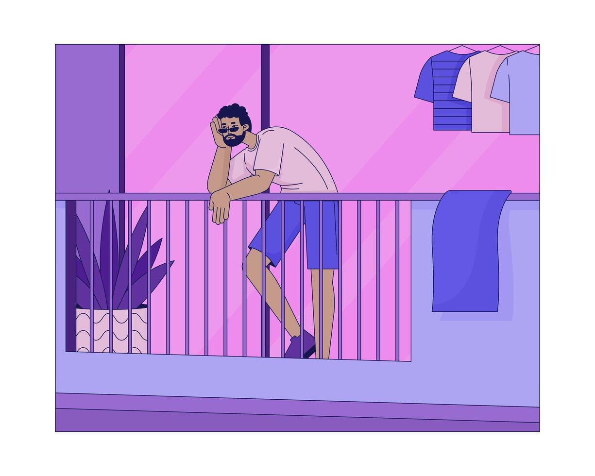 Black guy sunglasses chilling on balcony cartoon flat illustration. African american man bearded 2D character isolated on white background. Domestic life. Bored male resting scene color image vector