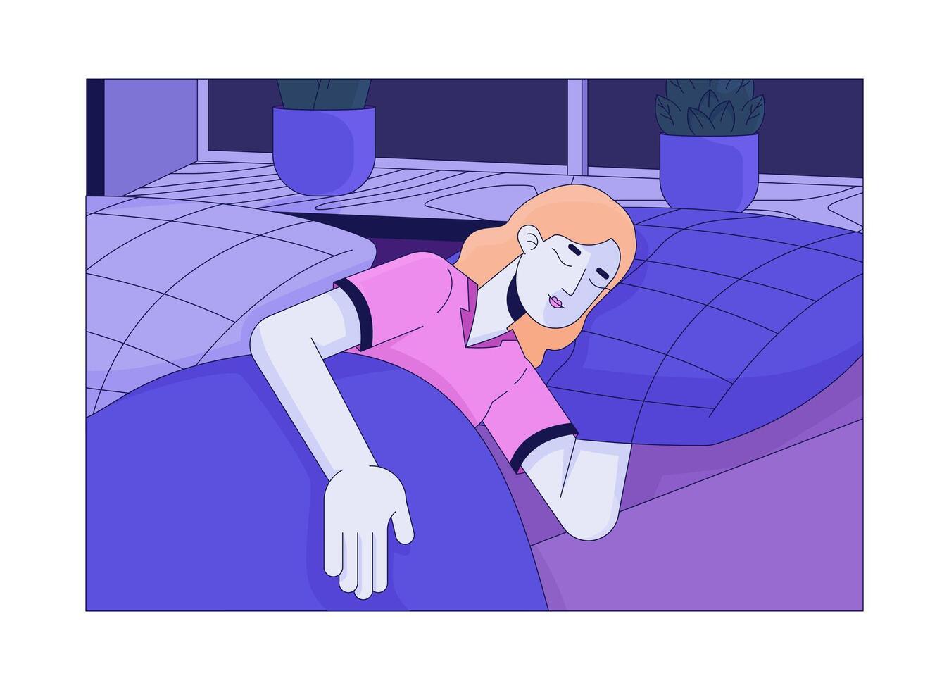 Sleeping one woman only cartoon flat illustration. Napping blonde female 2D character isolated on white background. Relaxed girl with closed eyes laying down in bed scene color image vector