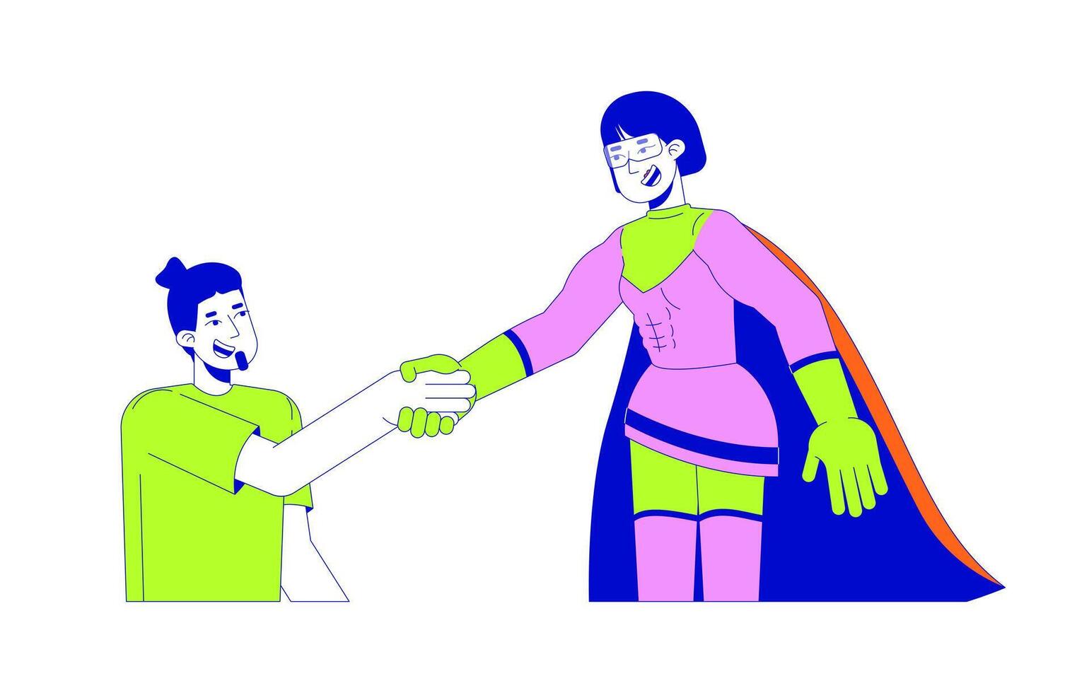 Happy korean female hero helping caucasian man 2D linear cartoon characters. Woman superhero holding male hand isolated line people white background. Support color flat spot illustration vector