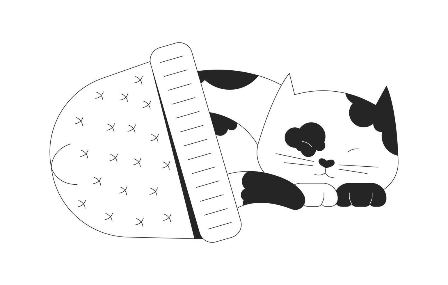 Cute calico cat sleeping in hat black and white 2D line cartoon character. Tired kitten finding shelter in warm clothesisolated outline personage. Pet care monochromatic flat spot illustration vector