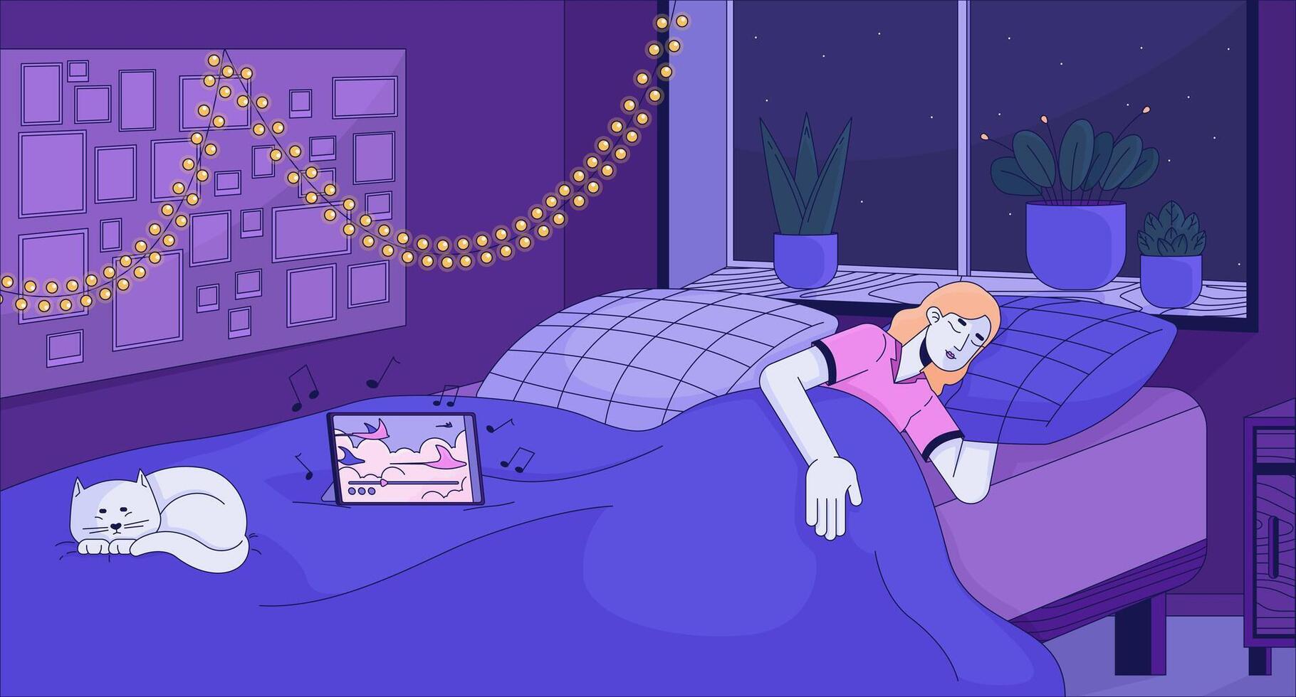 Cat with woman falling asleep at music lofi wallpaper. Bedroom calming atmosphere 2D cartoon flat illustration. Love being at home alone chill art, lo fi aesthetic colorful background vector
