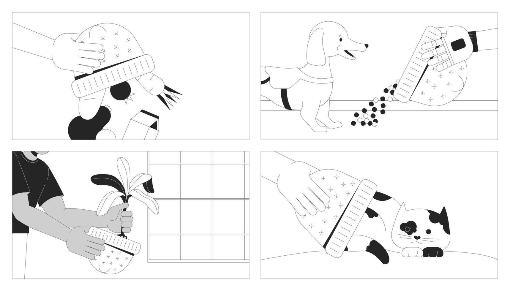 Finding new usage of hats black and white line illustration set. Knitted head accessory alternative functions 2D character monochrome background. Creativity outline scene image collection vector