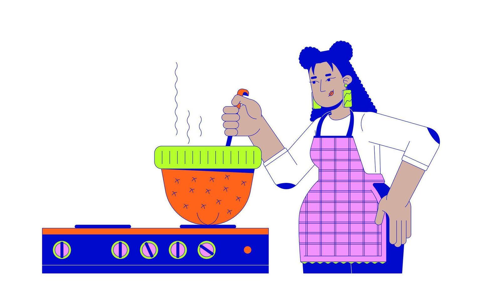 Hispanic female cooking dinner in hat 2D linear cartoon character. Latina woman using warm cap as pot isolated line person white background. Kitchen utensils color flat spot illustration vector