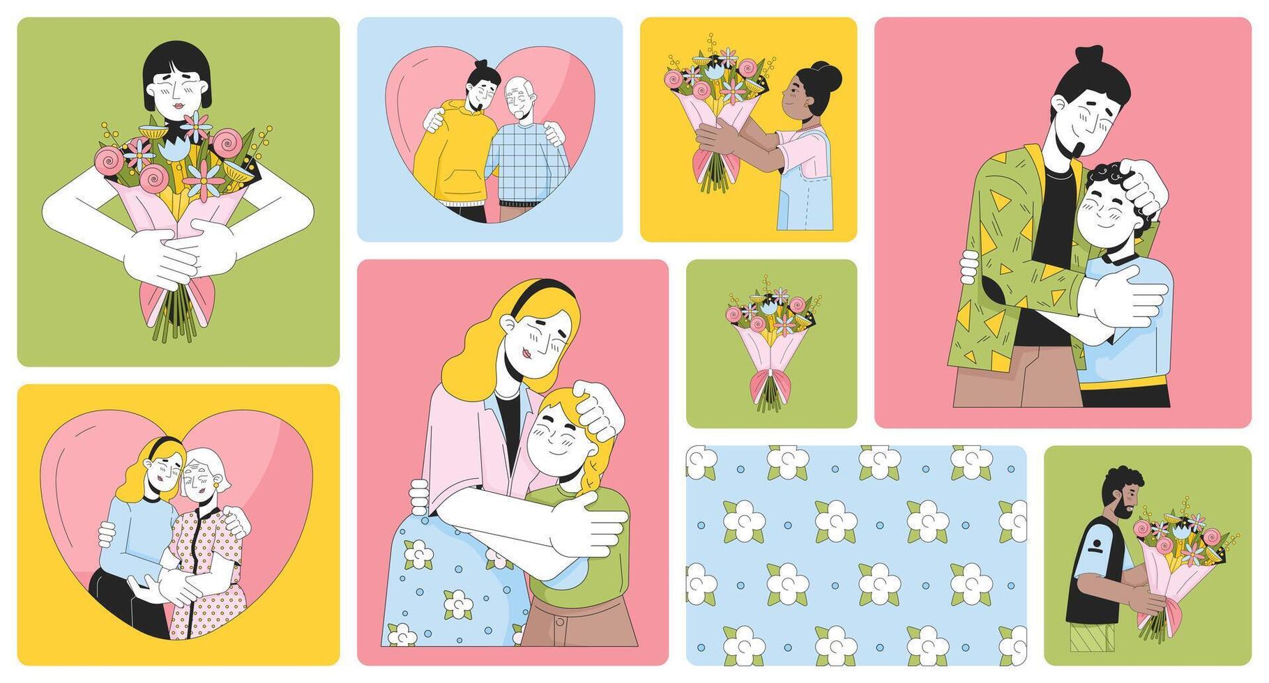 Mother father day bento grid illustration set. Popular holidays 2D image collage design graphics collection. Gratitude thank you. Celebration parents diverse flat characters moodboard layout vector
