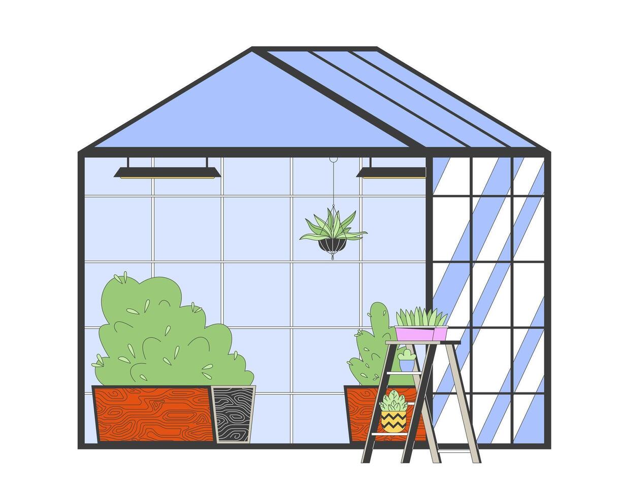 Plants growing in greenhouse cartoon flat illustration. Agricultural technology of planting 2D objects isolated on white background. Herbs and vegetables in hothouse scene color image vector