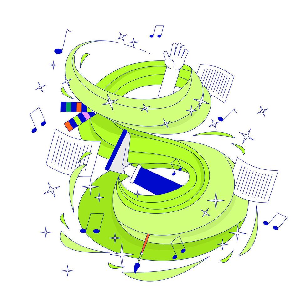 Person pulled in hypnotic music vortex 2D linear cartoon character. Enjoying musical sounds harmony isolated line person white background. Art talent color flat spot illustration vector
