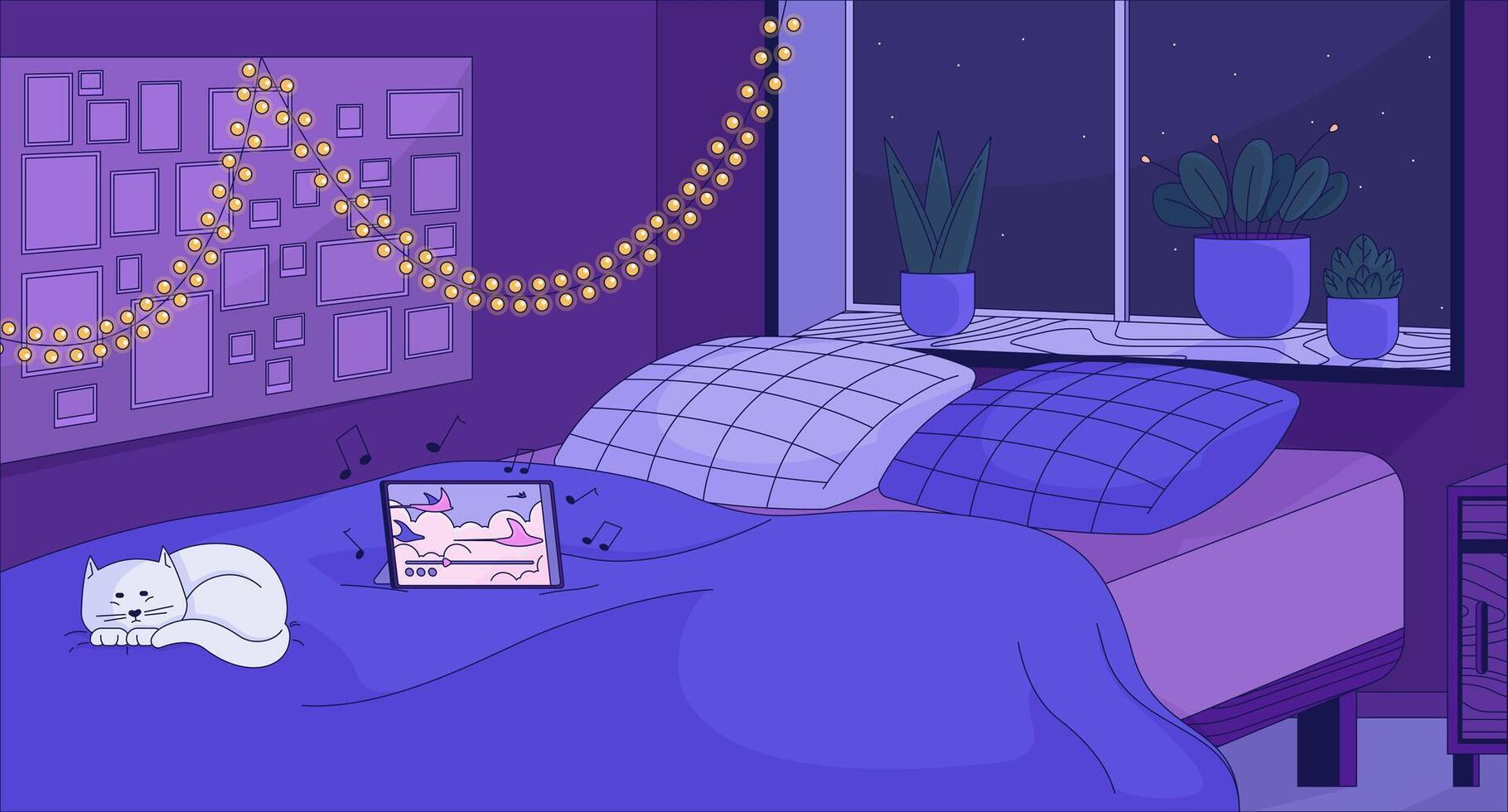 Cozy bedroom with sleeping cat 2D cartoon background. Bed night, lo fi music. Comfortable interior colorful aesthetic illustration, nobody. Hygge apartment room flat wallpaper art, lofi image vector
