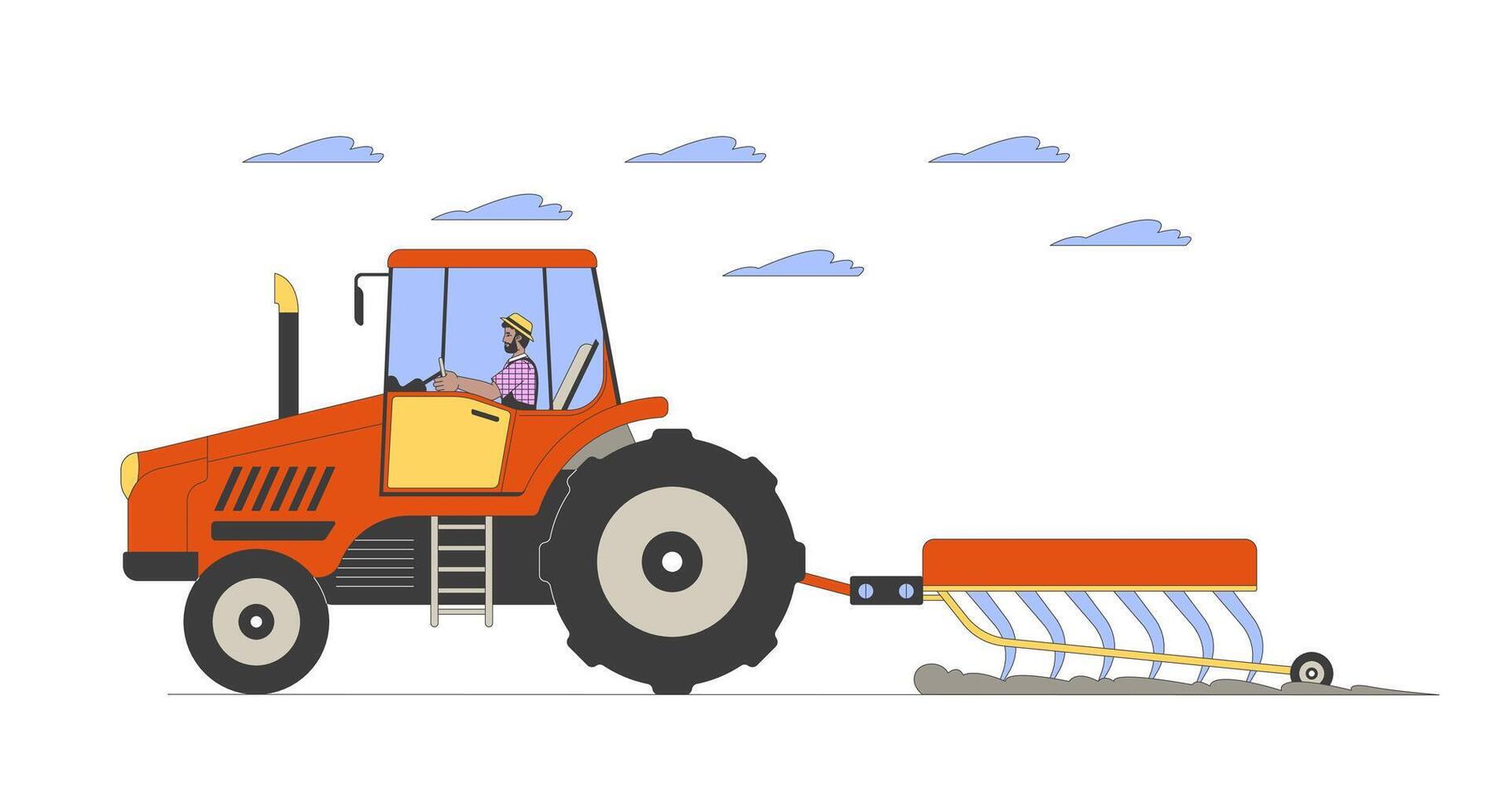 Black male plowing field with tractor cartoon flat illustration. African american man farmer driving truck 2D character isolated on white background. Agricultural machinery scene color image vector