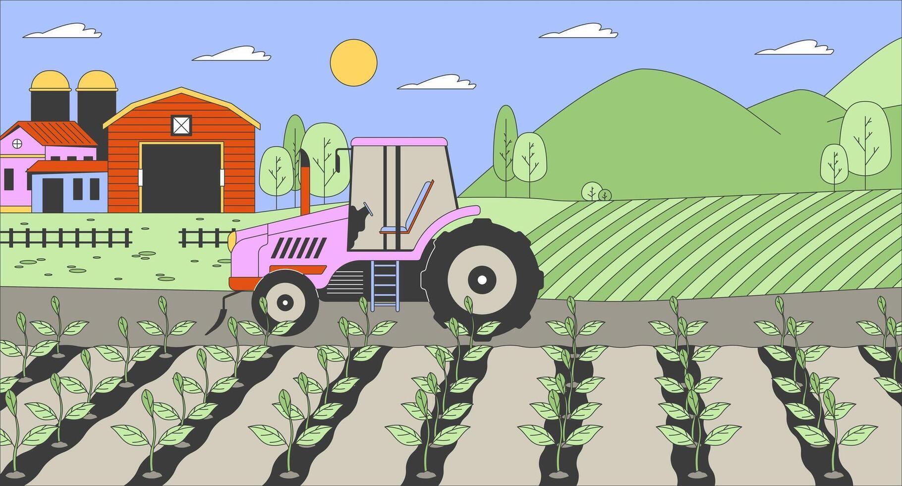 Tractor in farm field cartoon flat illustration. Agricultural machine working on plantation 2D line landscape colorful background. Plant cultivation business scene storytelling image vector
