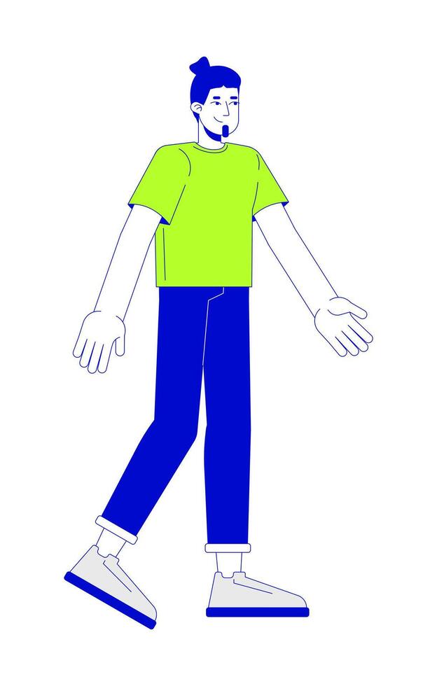 Happy caucasian man walking 2D linear cartoon character. Positive european male in casual clothes isolated line person white background. Leisure activity color flat spot illustration vector