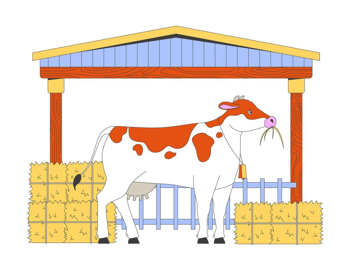 Cow eating hay in barn cartoon flat illustration. Milk farm animal with dried grass packs 2D character isolated on white background. Large cattle agricultural breeding scene color image vector