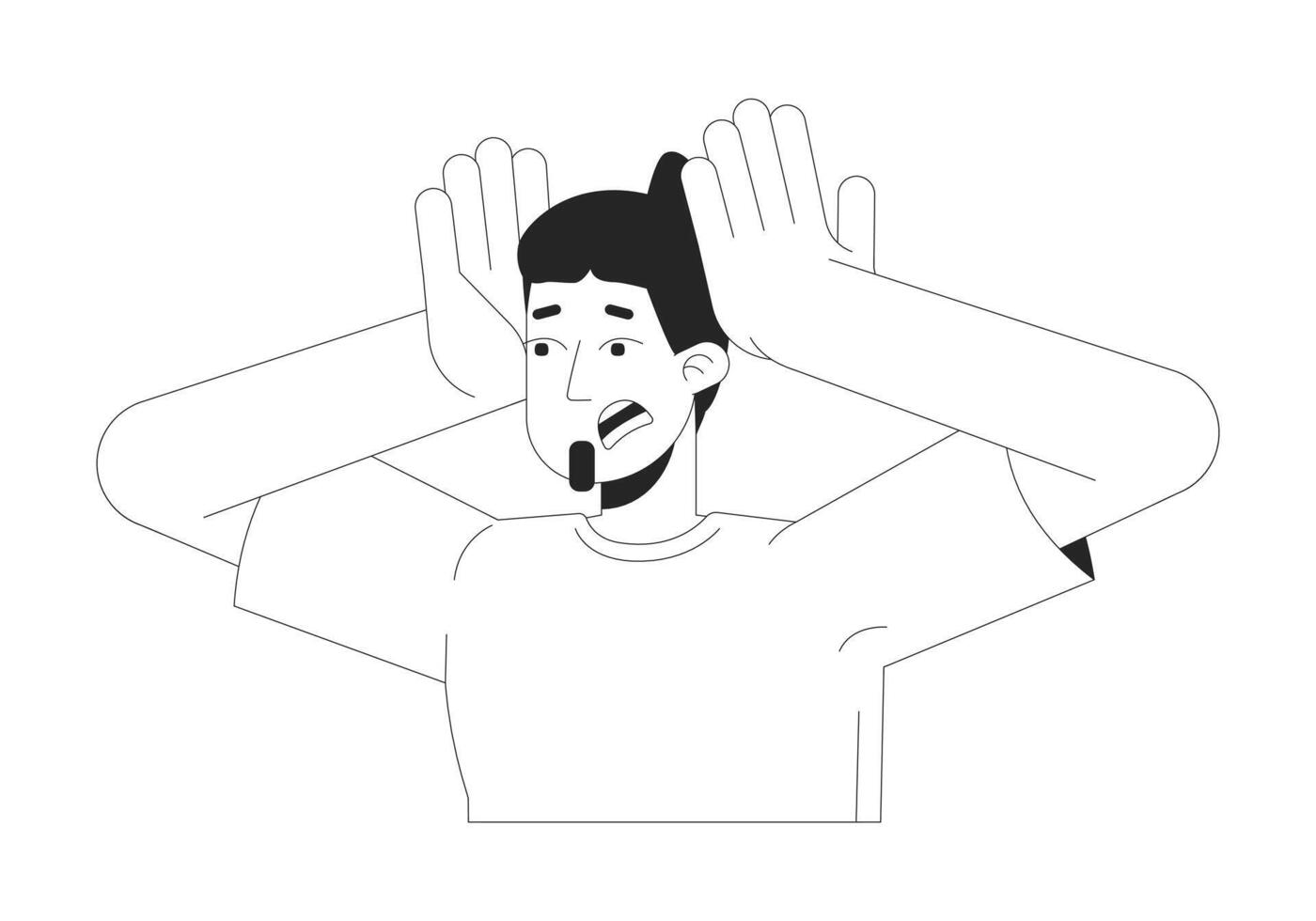 Shocked european male clutching head black and white 2D line cartoon character. Caucasian guy with panic attack isolated outline person. Stress monochromatic flat spot illustration vector