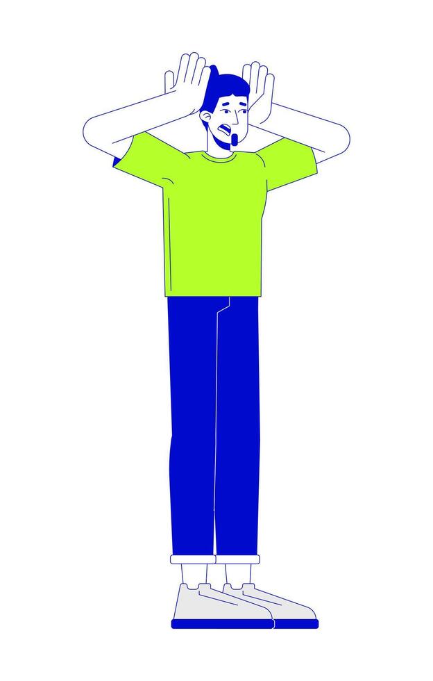 Stressed european man squeezing head 2D linear cartoon character. Caucasian male with panic attack isolated line person white background. Fear expression color flat spot illustration vector