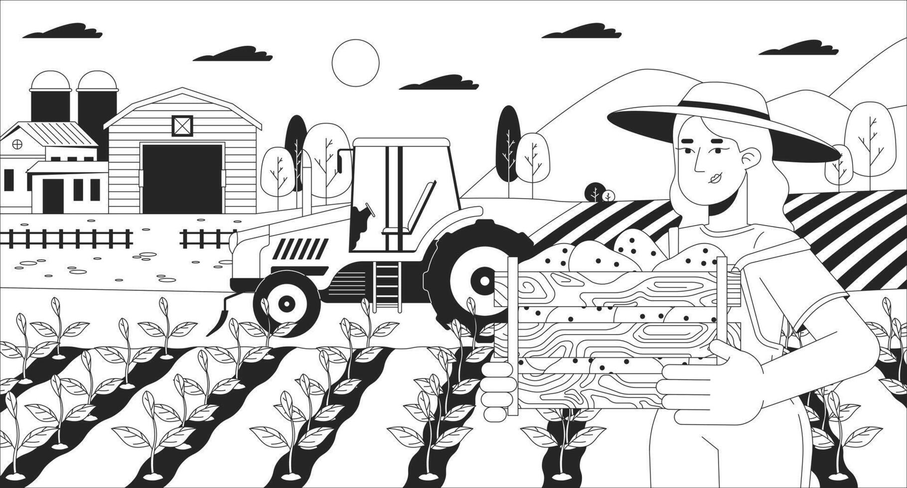 Caucasian woman working at farm black and white line illustration. European female farmer in field 2D character monochrome background. Agricultural business development outline scene image vector