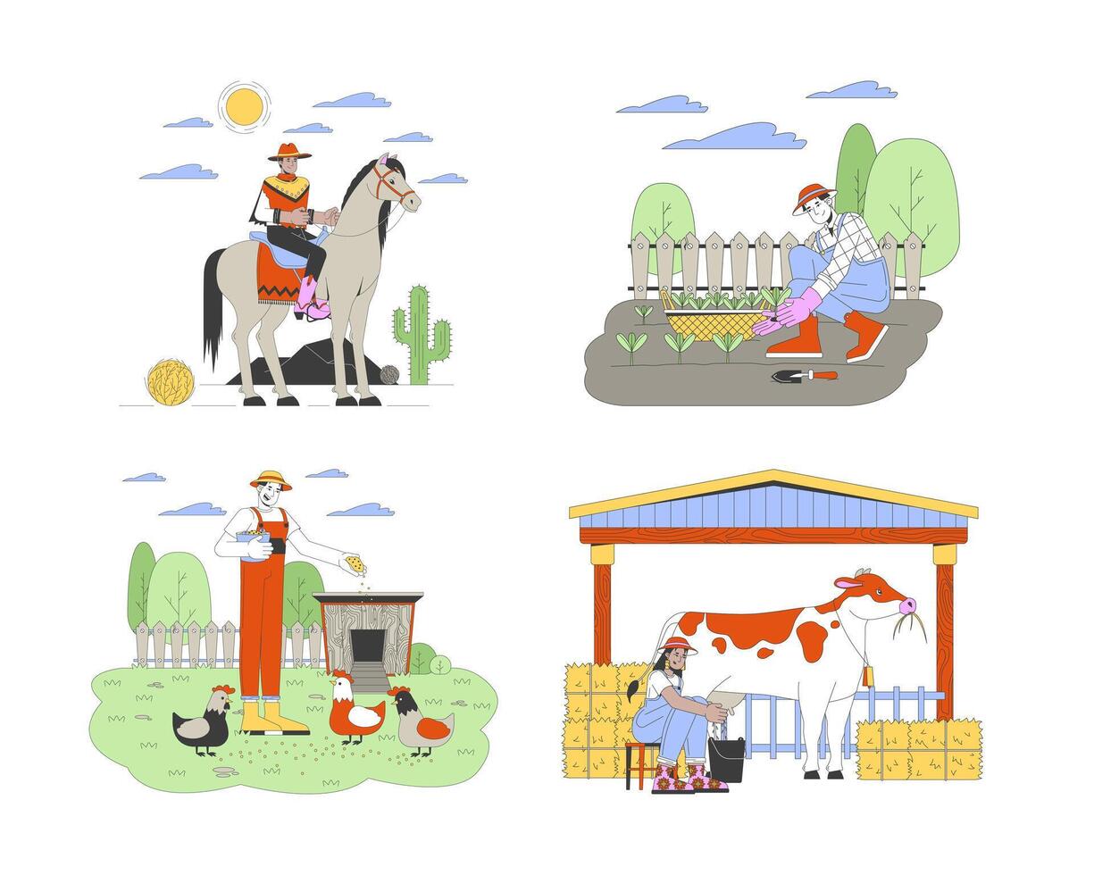 Agricultural activities cartoon flat illustration set. Multiethnic farmers working with plants and animals 2D characters isolated on white background. Farming scene color image bundle vector