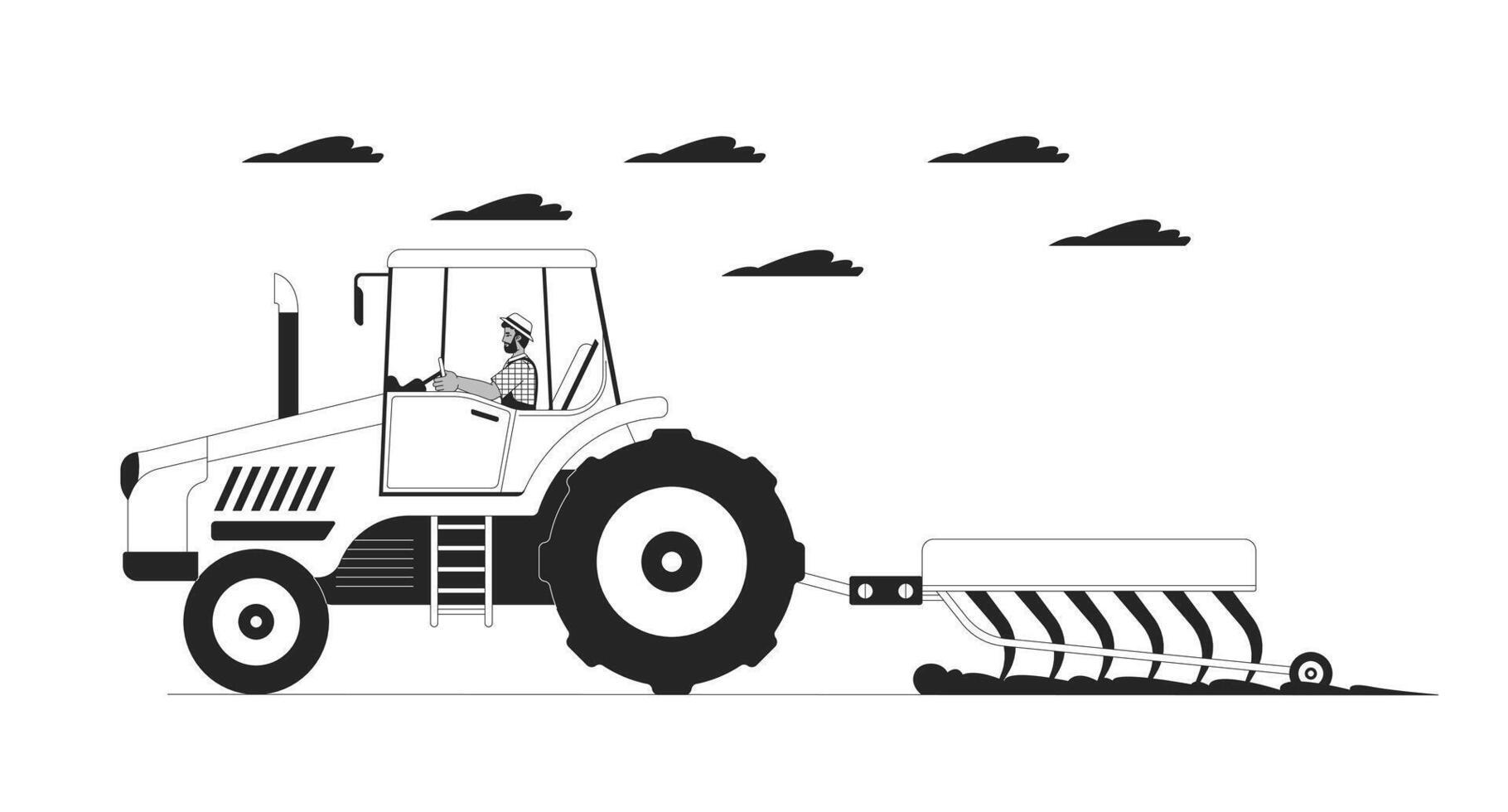 Black male plowing field with tractor black and white flat line illustration. African american man farmer driving truck 2D lineart character isolated. Agricultural monochrome outline image vector