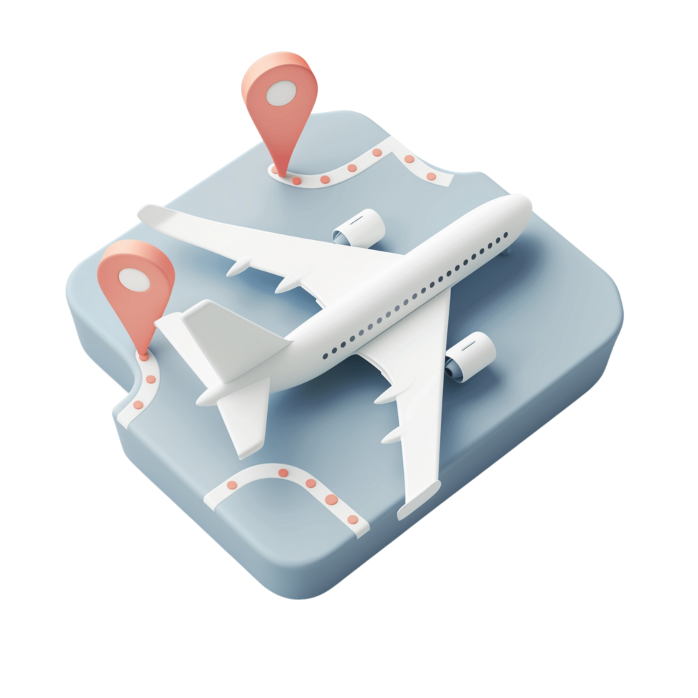 An icon depicting a whimsical airplane route map with dotted lines and destination markers, isolated on a transparent background png