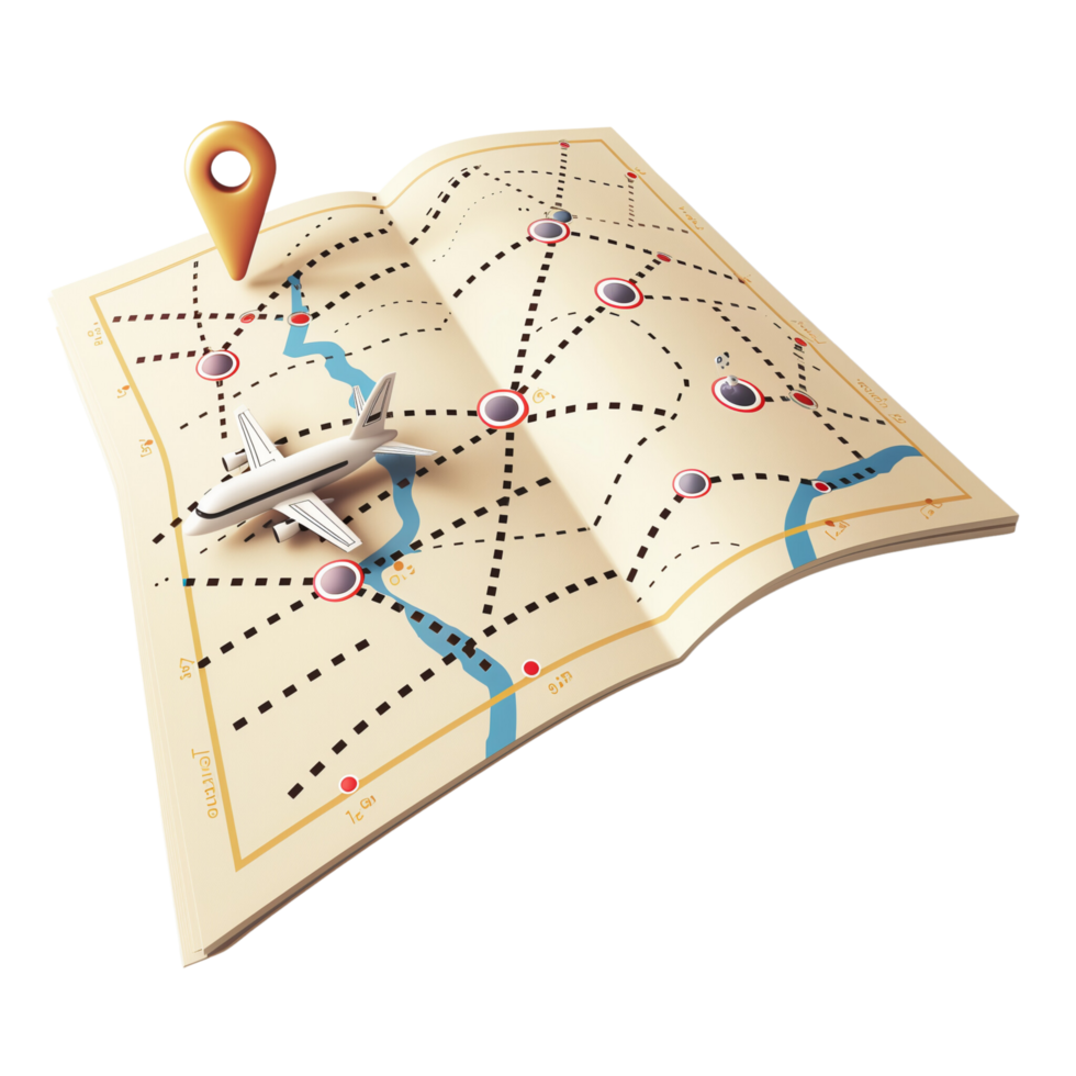 An icon depicting a whimsical airplane route map with dotted lines and destination markers, isolated on a transparent background png