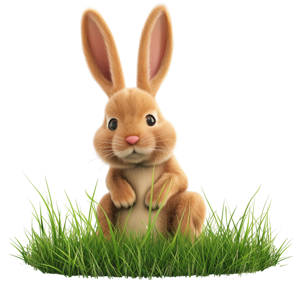 The 3d Easter bunny sitting in fresh green grass, isolated on a transparent background png