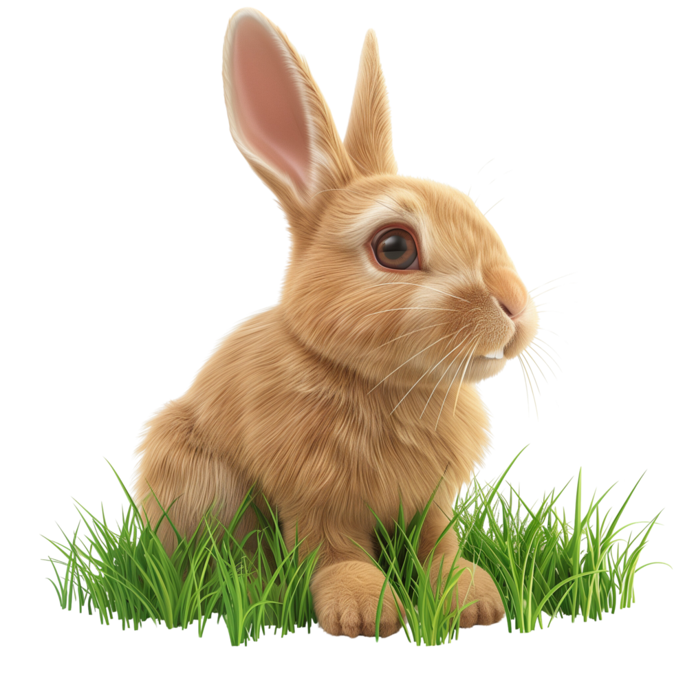 The 3d Easter bunny sitting in fresh green grass, isolated on a transparent background png