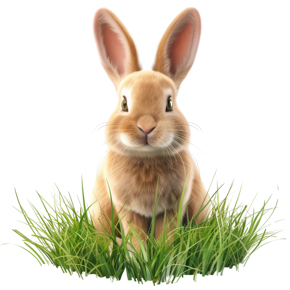 The 3d Easter bunny sitting in fresh green grass, isolated on a transparent background png