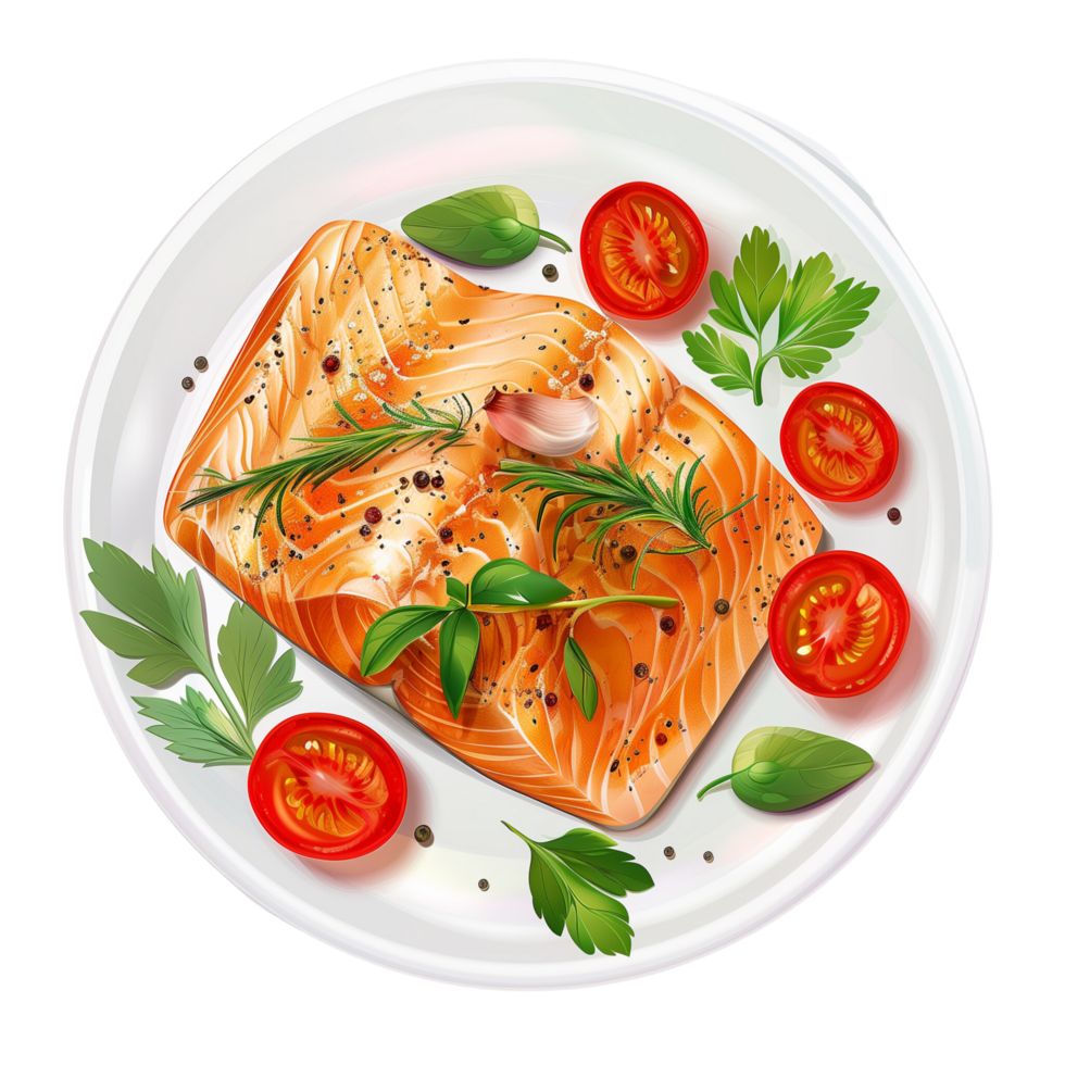 Baked salmon with garlic and herbs on a white plate, isolated on a transparent background png