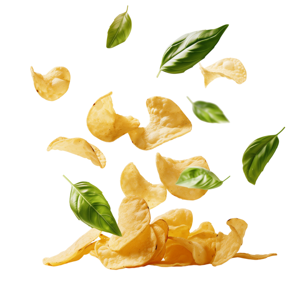 Delicious potato chips and basil leaves levitate gracefully, isolated on a transparent background png