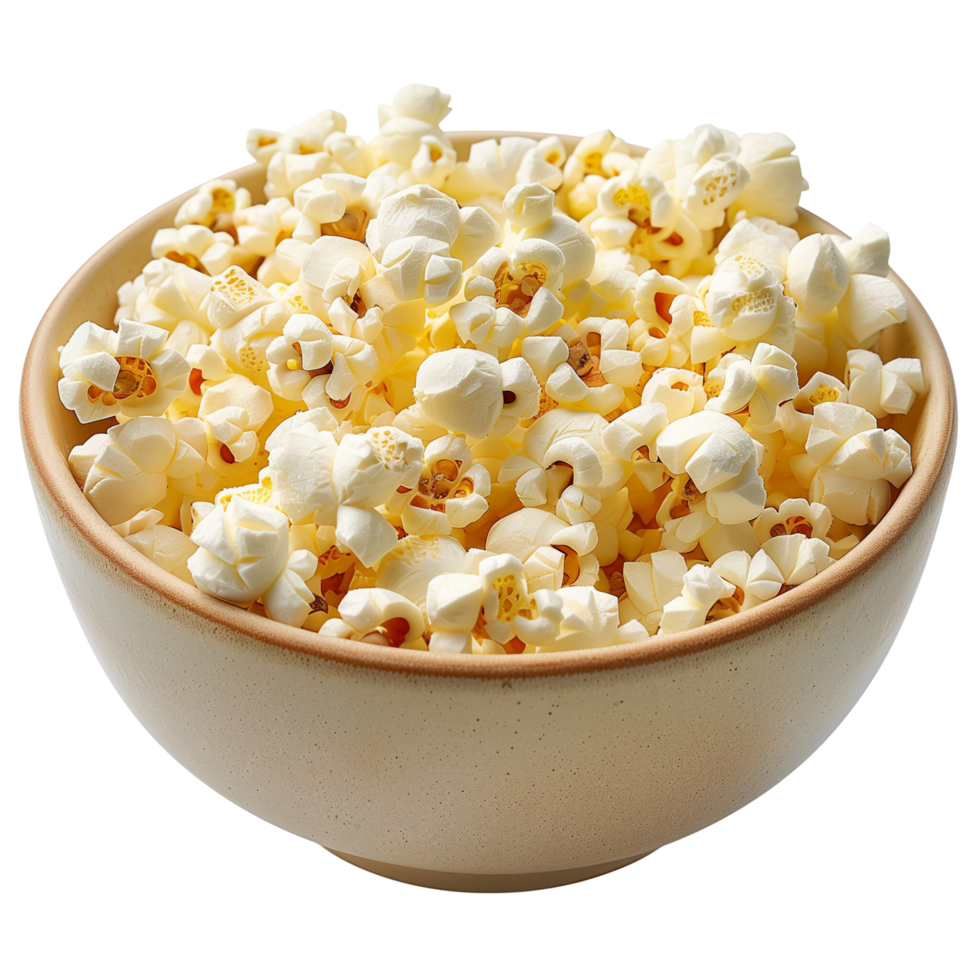 A bowl of freshly popped popcorn, golden and crisp, isolated on a transparent background png