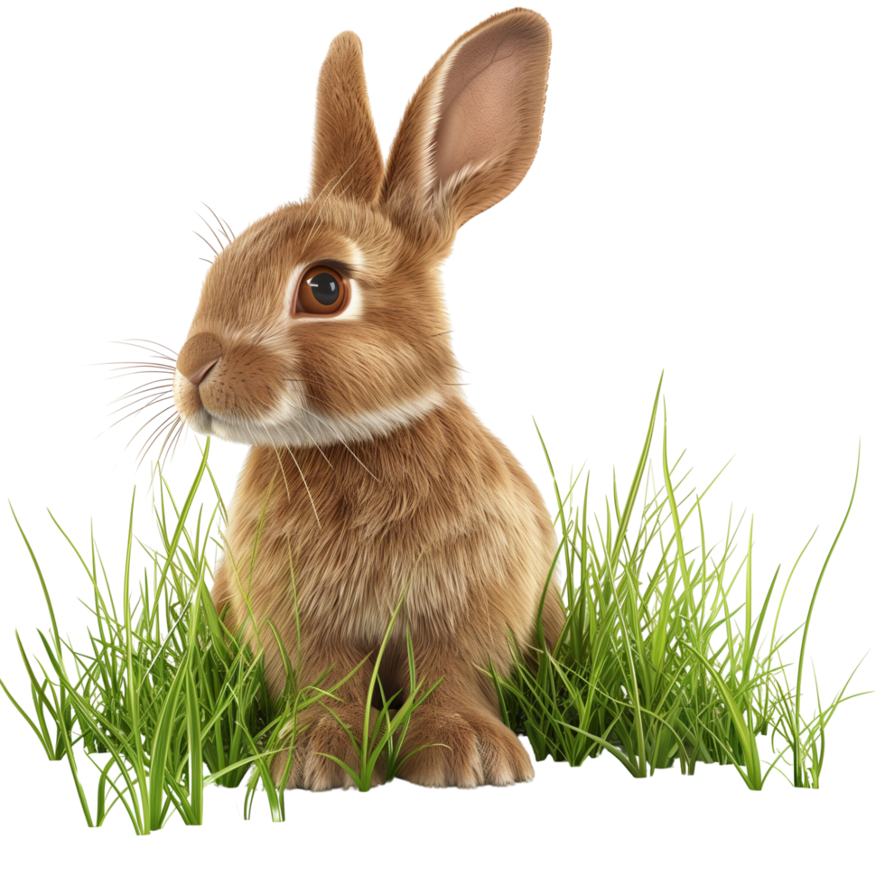 The 3d Easter bunny sitting in fresh green grass, isolated on a transparent background png