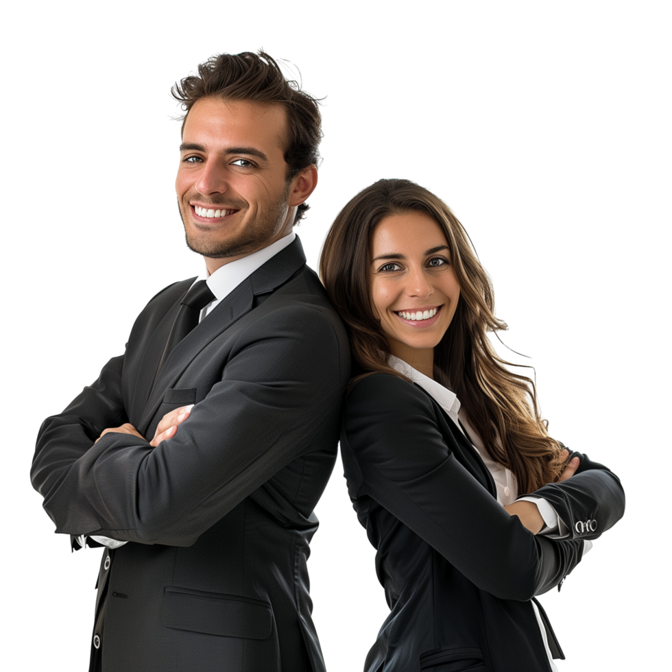 A cheerful business man and woman in a formal suit, arms crossed and smiling, isolated on a transparent background png