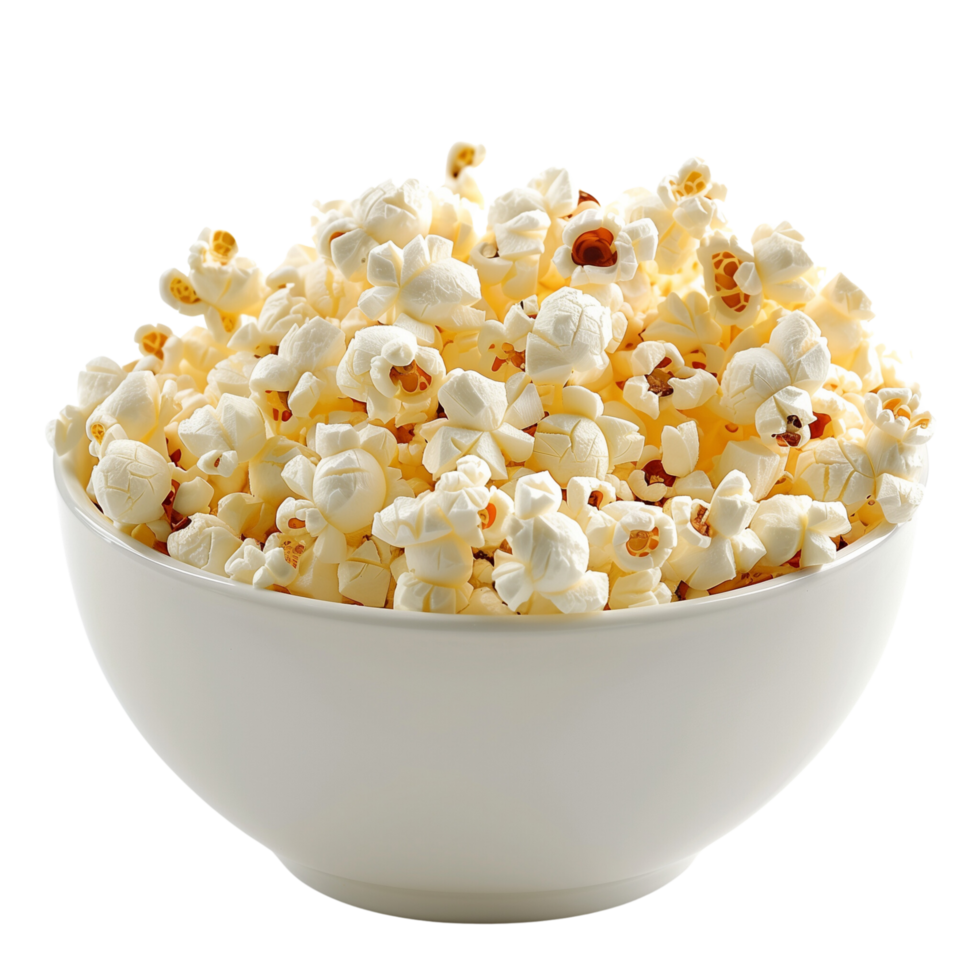 A bowl of freshly popped popcorn, golden and crisp, isolated on a transparent background png