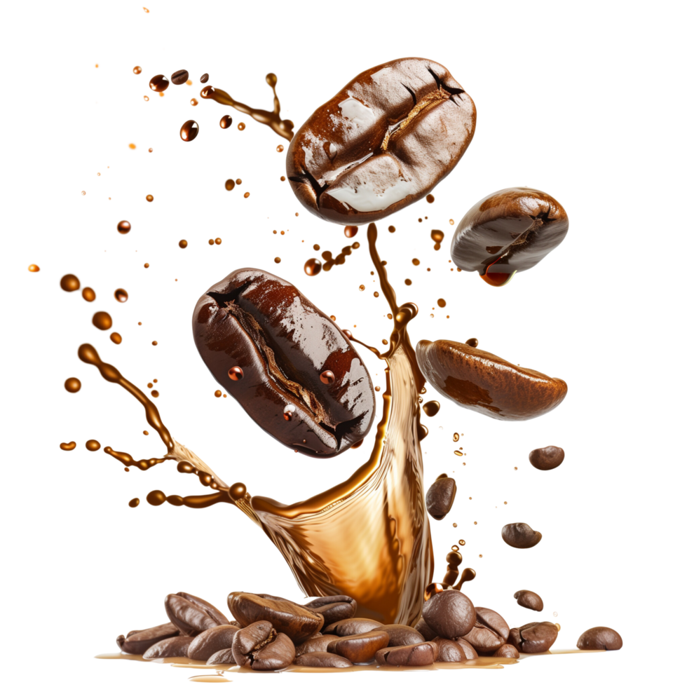 A dramatic coffee splash with coffee beans suspended in mid-air, isolated on a transparent background png