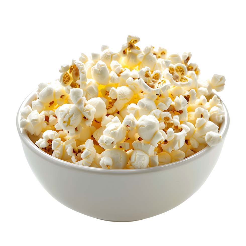 A bowl of freshly popped popcorn, golden and crisp, isolated on a transparent background png