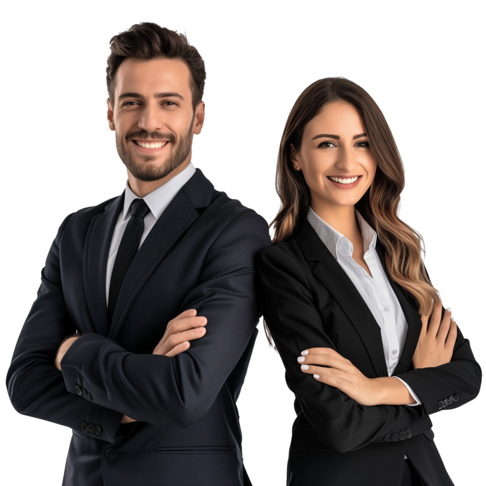 A cheerful business man and woman in a formal suit, arms crossed and smiling, isolated on a transparent background png