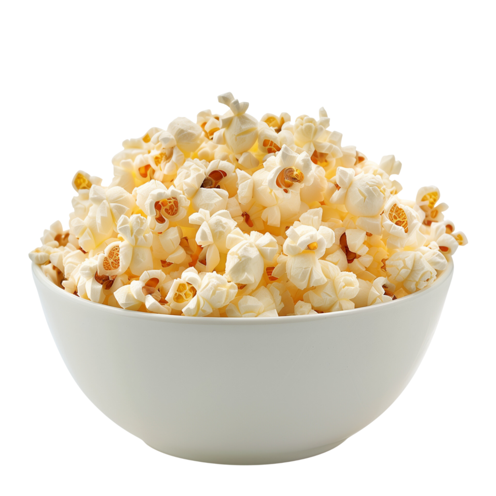 A bowl of freshly popped popcorn, golden and crisp, isolated on a transparent background png