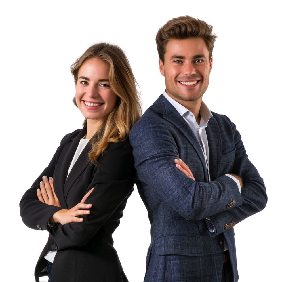 A cheerful business man and woman in a formal suit, arms crossed and smiling, isolated on a transparent background png