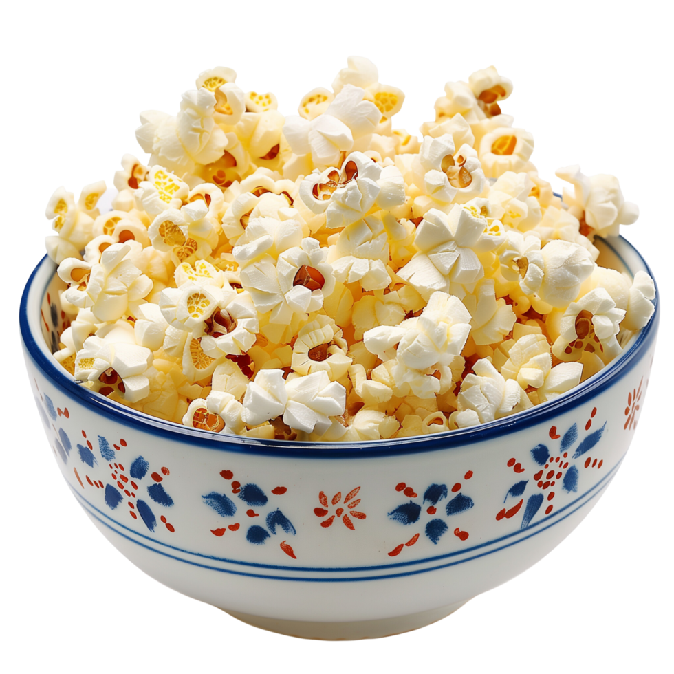 A bowl of freshly popped popcorn, golden and crisp, isolated on a transparent background png