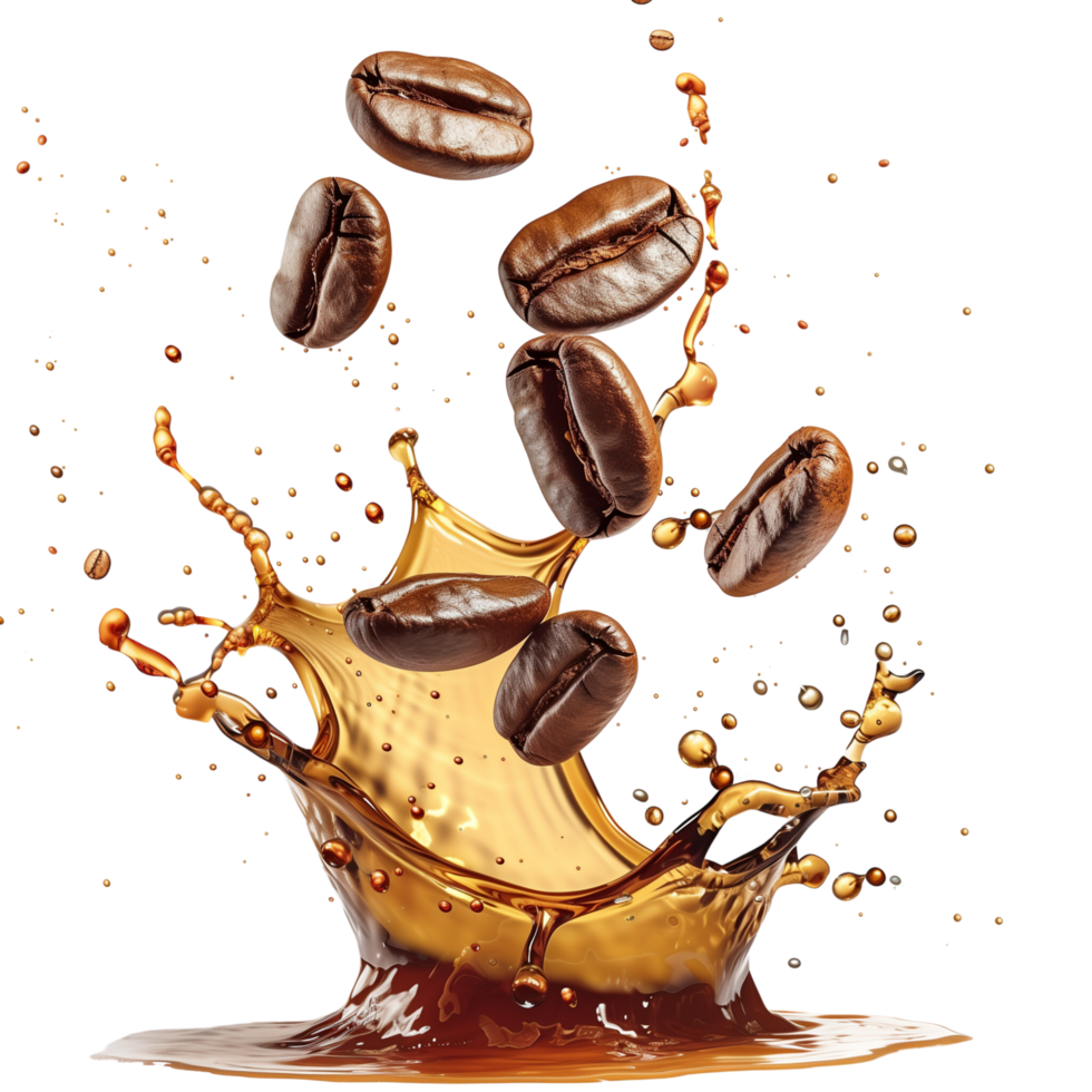 A dramatic coffee splash with coffee beans suspended in mid-air, isolated on a transparent background png