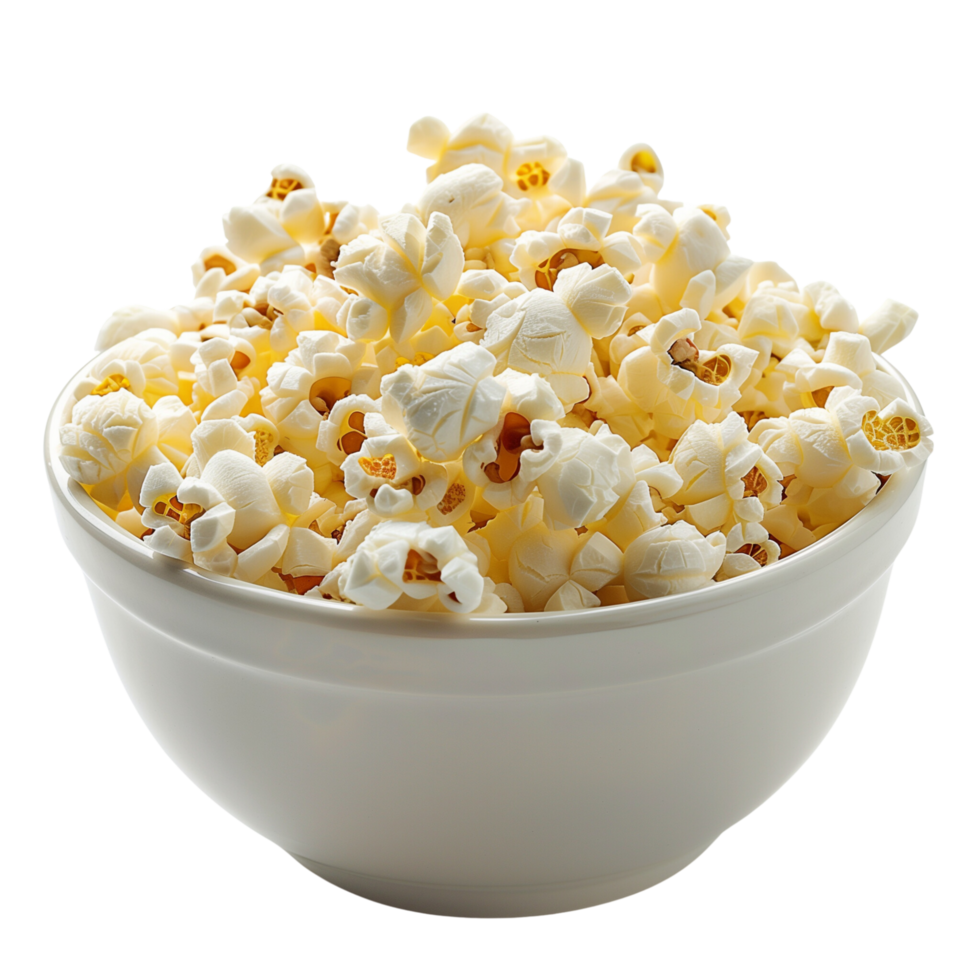 A bowl of freshly popped popcorn, golden and crisp, isolated on a transparent background png