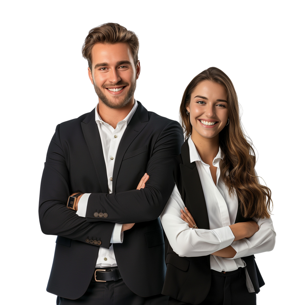 A cheerful business man and woman in a formal suit, arms crossed and smiling, isolated on a transparent background png