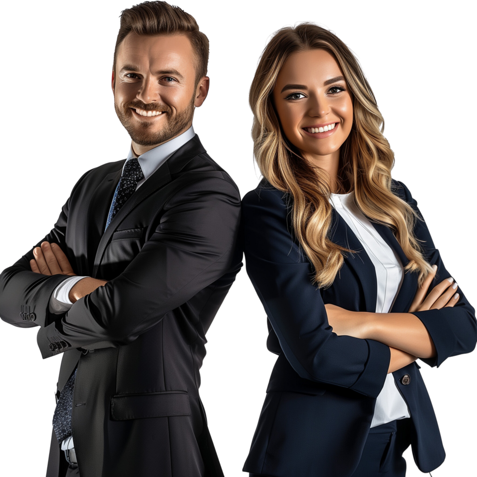 A cheerful business man and woman in a formal suit, arms crossed and smiling, isolated on a transparent background png