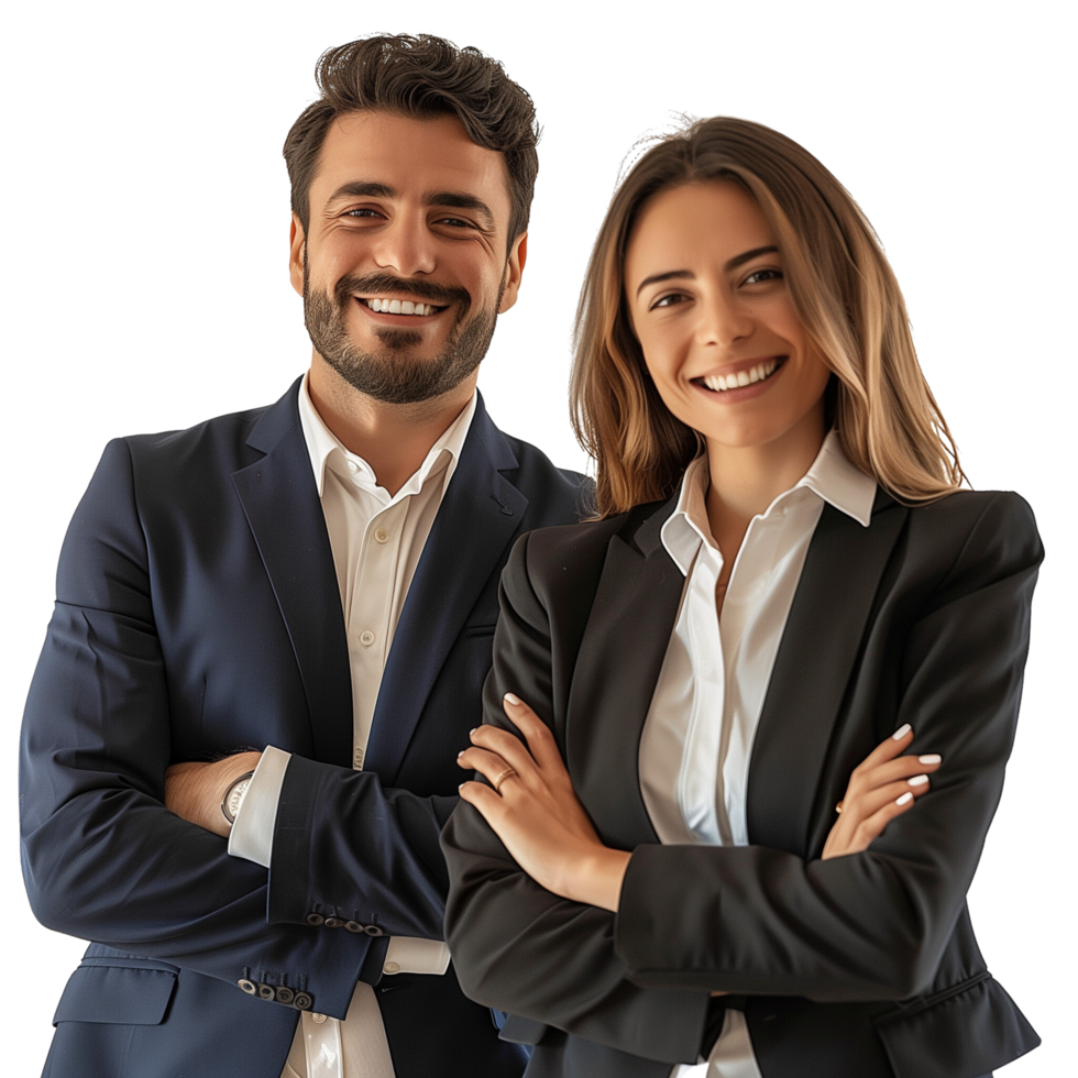 A cheerful business man and woman in a formal suit, arms crossed and smiling, isolated on a transparent background png