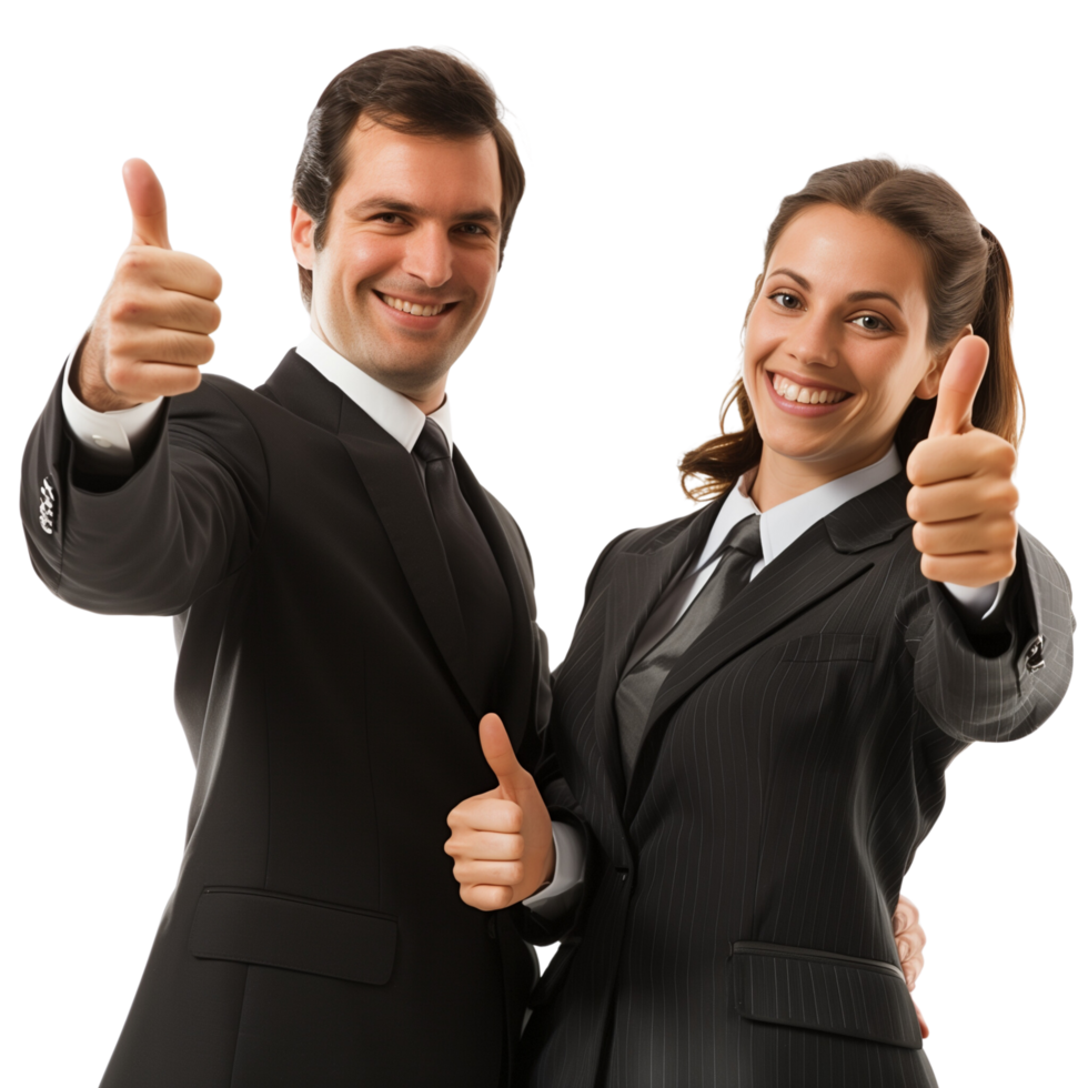 A cheerful male and female executive team giving a thumbs up, isolated on a transparent background png