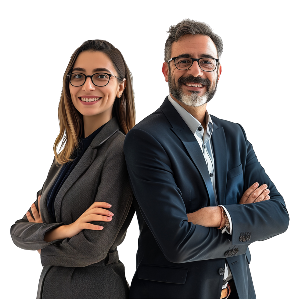 A cheerful business man and woman in a formal suit, arms crossed and smiling, isolated on a transparent background png