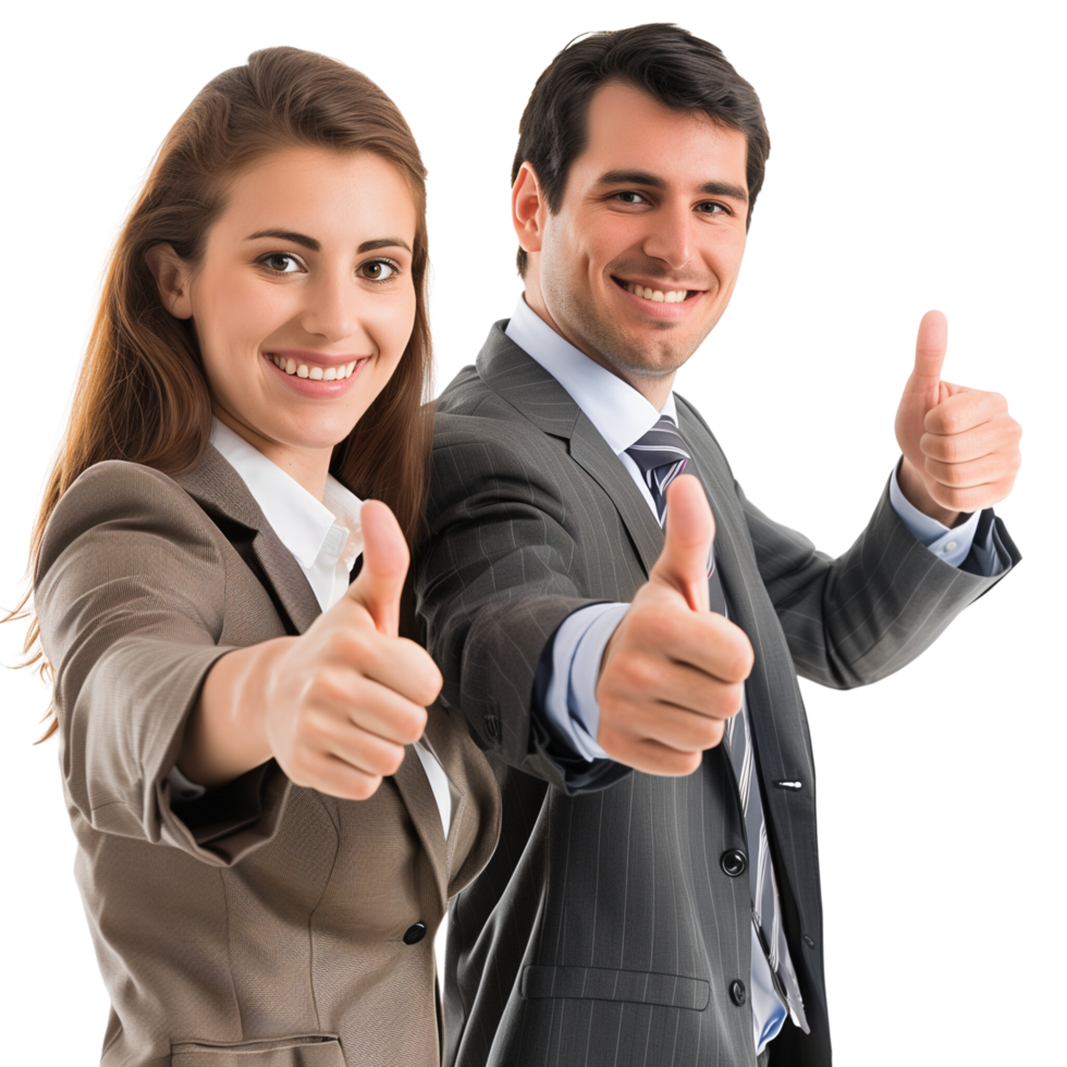 A cheerful male and female executive team giving a thumbs up, isolated on a transparent background png