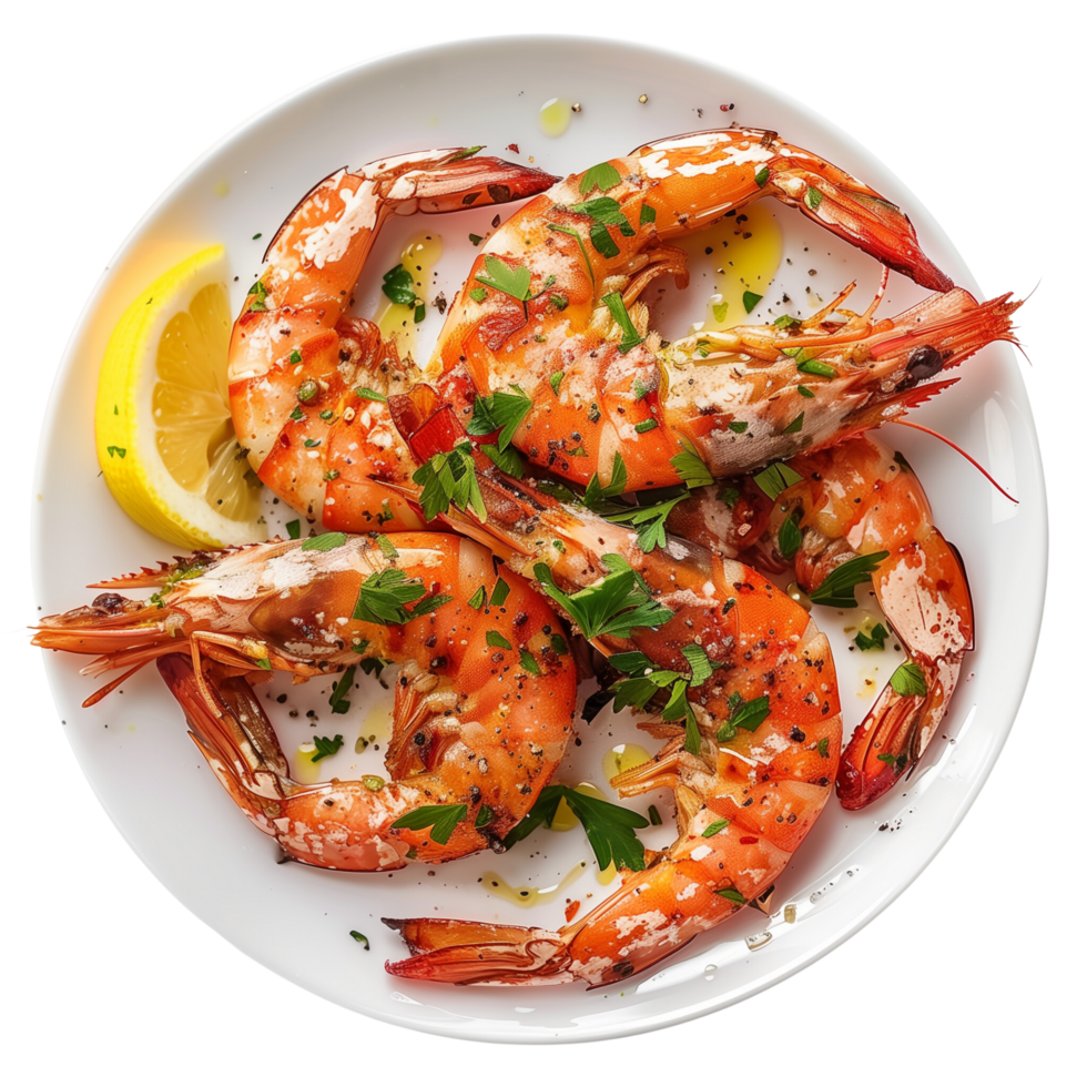 A close-up of roasted shrimps with lemon and spices in a whaite plate, isolated on a transparent background png